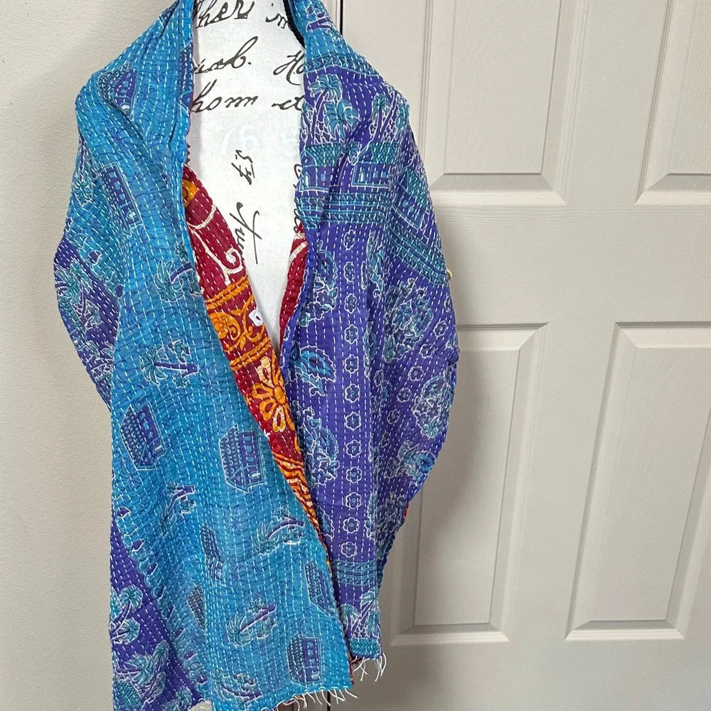 Colorful Rare Patterned Reversible Kantha Scarf - Picture 3 of 4